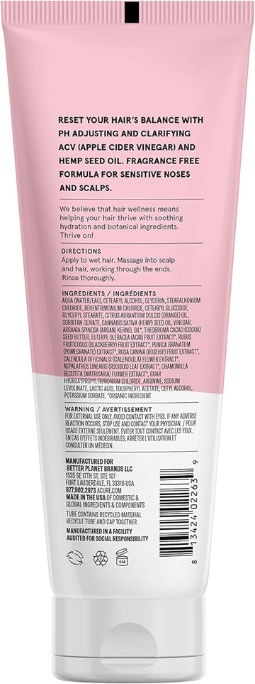 Acure Buildup Balancing Hemp & Apple Cider Vinegar Conditioner | 100% Vegan | Resets & Balances Hair For Styled, Swim & Harsh Conditions | Fragrance Free Formula | 8 Fl Oz