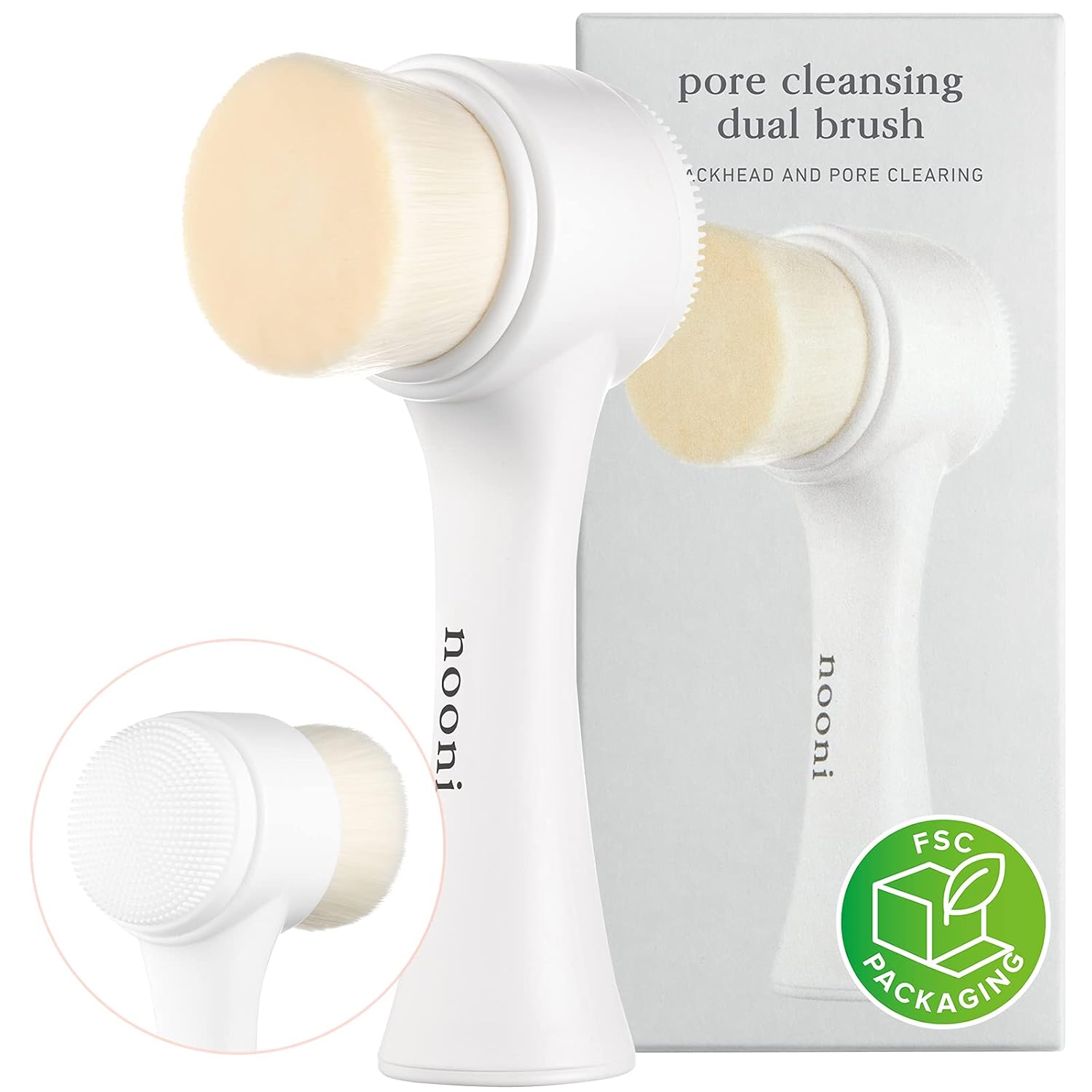 Nooni Pore Cleansing Tool - Manual Dual Brush | Facial Massager And Exfoliator, Soft Bristle & Silicone Brush, 1 Count