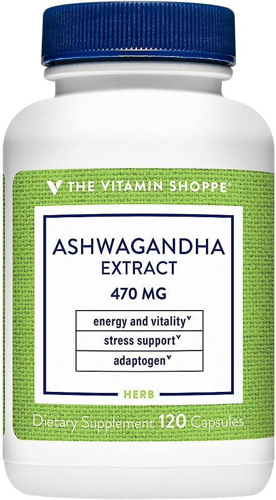 The Vitamin Shoppe Ashwagandha Extract 470Mg - Herbal Supplement That Provides Energy & Vitality, Helps With Stress Management (120 Capsules)