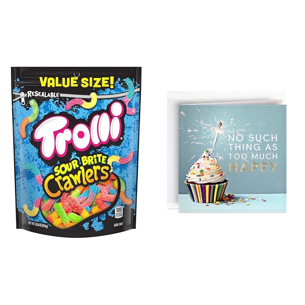 Trolli Sour Brite Crawlers Gummy Worms Candy & Hallmark Birthday Card Gift Bundle