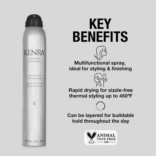 Kenra Fast Dry Hairspray 8 | Flexible Hold Thermal Spray | Multifunctional Spray, Ideal For Both Styling & Finishing | Lightweight, Instant Control | All Hair Types
