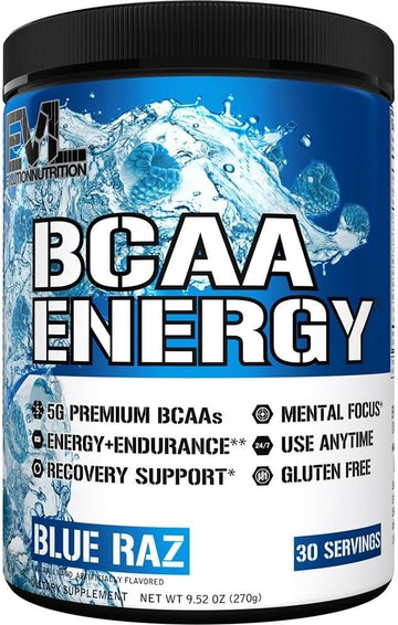 Evl Bcaas Amino Acids Powder - Bcaa Energy Pre Workout Powder For Muscle Recovery Lean Growth And Endurance - Rehydrating Bcaa Powder Post Workout Recovery Drink With Natural Caffeine - Blue Raz