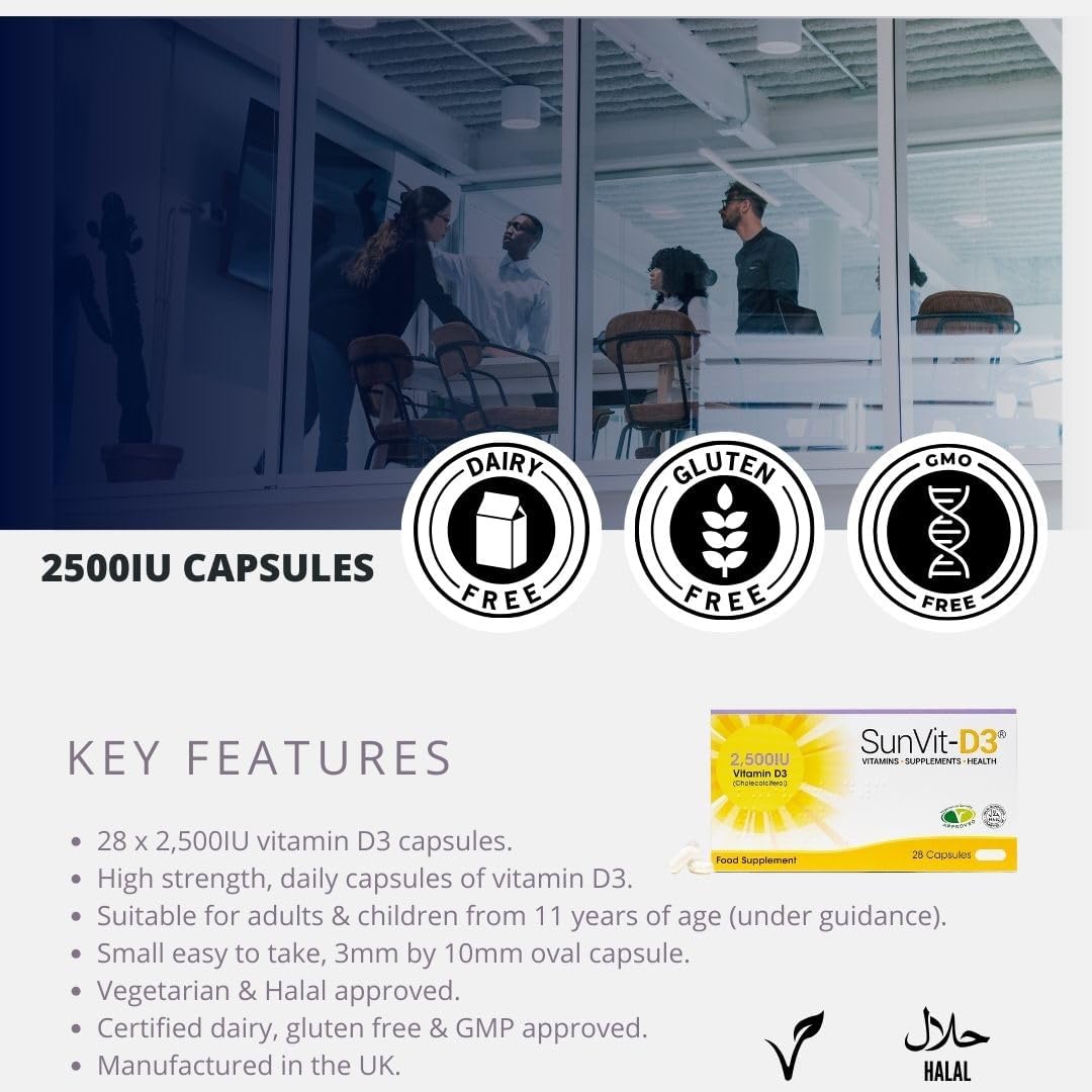SunVit-D3 High Strength Vitamin D 2500iu Capsules - Cholecalciferol Vitamin D Capsules Support the Maintenance of Bone, Teeth, Muscle & Immune System | UK Made & GMP Approved - D3 Vitamins 28 Capsules : Amazon.co.uk: Health & Personal Care