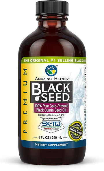 Amazing Herbs Premium Black Seed Oil - Cold Pressed Nigella Sativa Aids in Digestive Health, Immune Support, Brain Function, Joint Mobility, Gluten Free, Non GMO - 8 Fl Oz