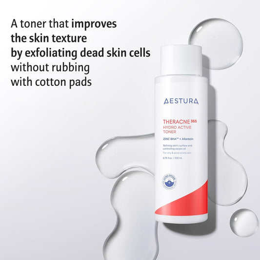 Aestura Theracne365 Hydro Active Toner For Acne-Prone Skin | Reduce Excess Oil, Improves The Smoothing Texture, Soothing Zinc & Sebum-Caring Bha, Non-Comedogenic, 6.76 Fl Oz