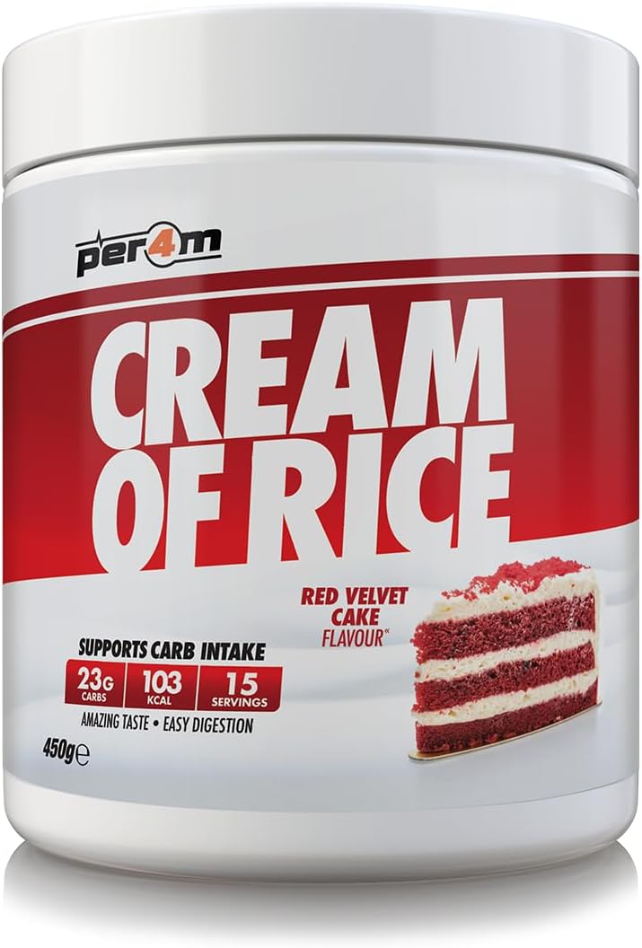 Per4M Cream Of Rice | 15 Servings | High Carbohydrate Cream Of Rice | Breakfast Replacement | Low Sugar Gym Supplements 450G New Improved Formula (Red Velvet Cake, 450G)