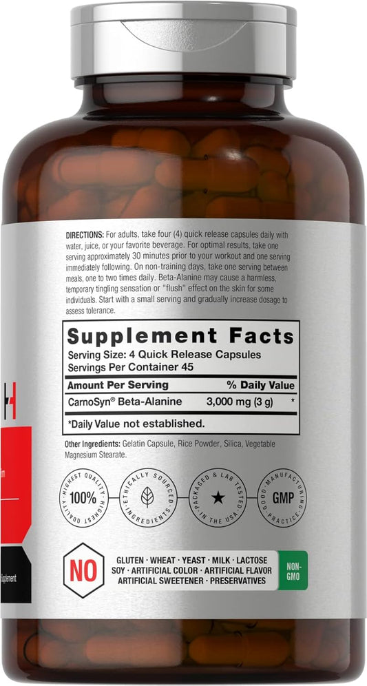 Horbäach Beta Alanine Capsules 3000Mg | 180 Count | Carnosyn | Non-Gmo, Gluten Free Supplement