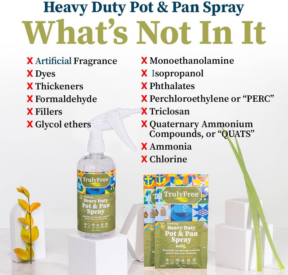 Truly Free Heavy Duty Pot & Pan Spray - Powerful Foaming Grease Remover, Multi-Purpose Kitchen Cleaner Spray Degreaser For Oven, Stoves, Grill & More, Citrus Scent - Includes 1 Empty Bottle & 2 Refill