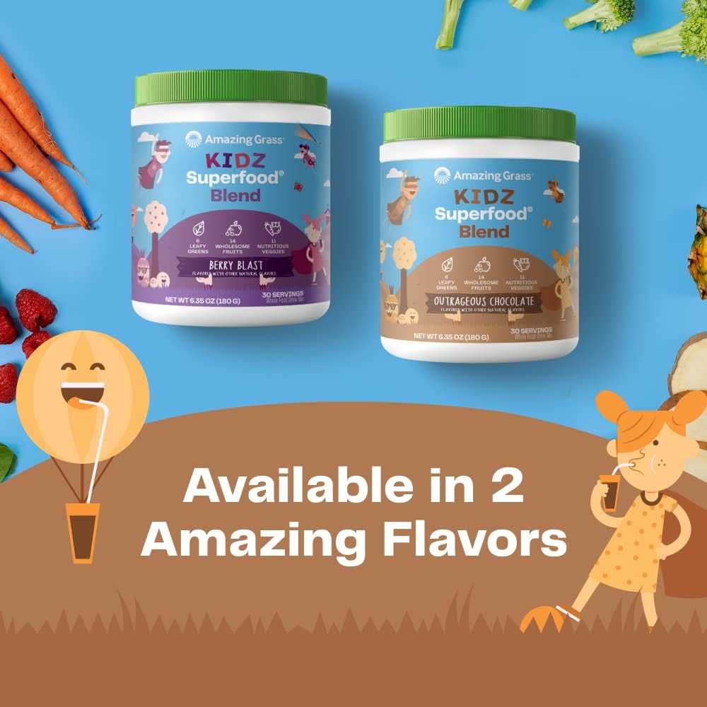 Amazing Grass Kidz Superfood: Organic Greens, Fruits, Veggies, Beet Root Powder & Probiotics for Healthy Kids, Outrageous Chocolate, 30 Servings, 6.35 Ounce (Pack of 1) : Health & Household