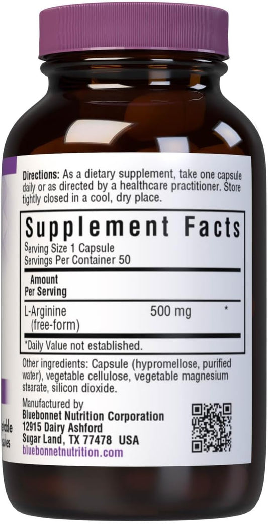 Bluebonnet Nutrition L-Arginine 500Mg, Free-Form Amino Acid, Nitric Oxide Precursor, Soy-Free, Gluten-Free, Non-Gmo, Kosher Certified, 50 Vegetable Capsules, 50 Servings