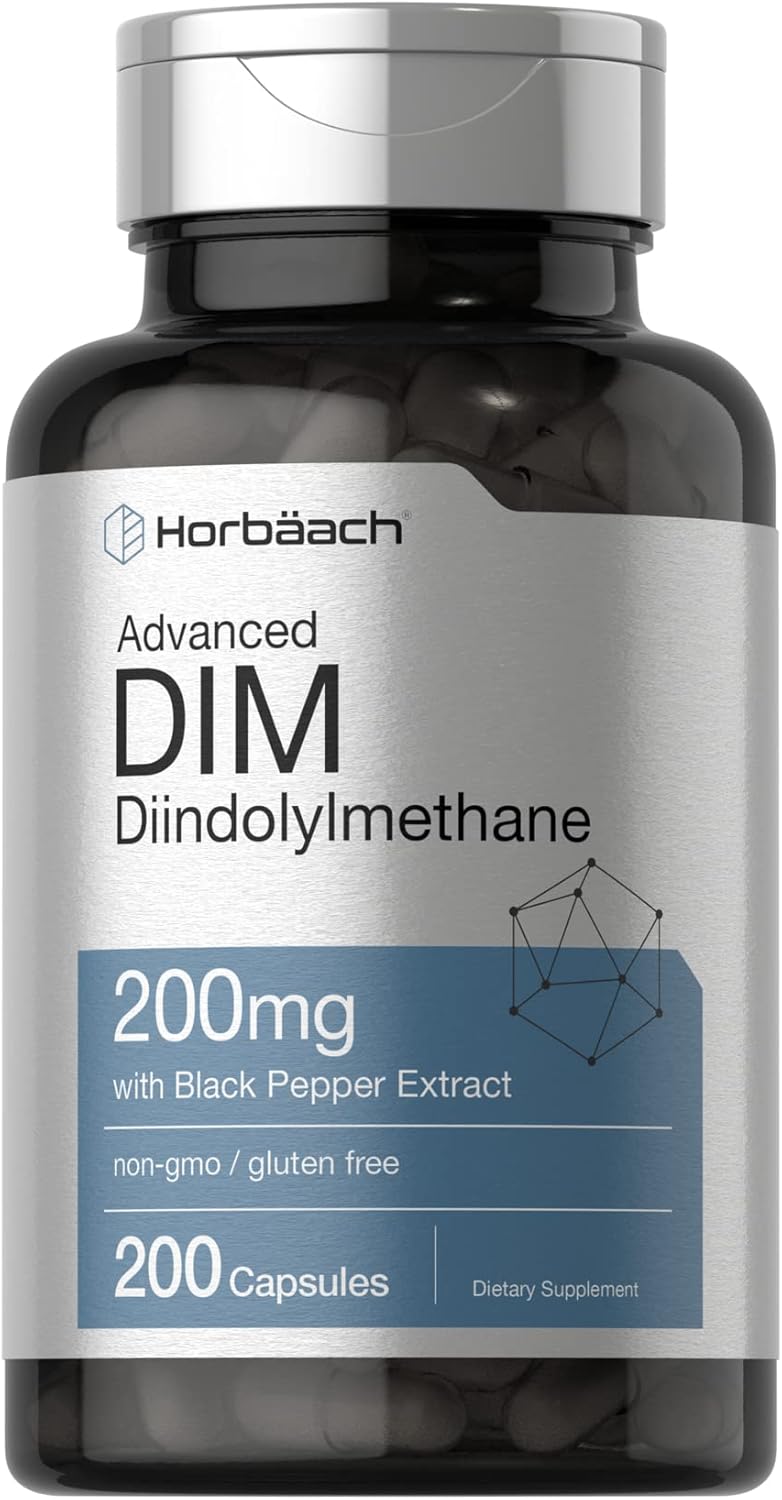 Horbäach DIM Supplement 200mg | Advanced Diindolylmethane | with Black Pepper Extract | 200 Capsules | Non-GMO, Gluten Free