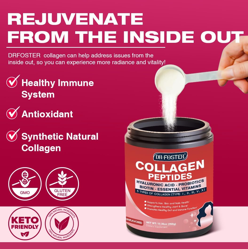 Multi Collagen Peptides Powder With Probiotics - Type I Ii Iii V X - Hydrolyzed Collagen Peptides With Multivitamins, Hyaluronic Acid & Biotin - Support Skin Hair Nail Joints & Gut, 35 Servings : Health & Household