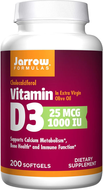 Jarrow Formulas Vitamin D3 25 Mcg, Dietary Supplement, Bone And Joint, Support For Immune Health And Calcium Metabolism, 200 Softgels, 200 Day Supply