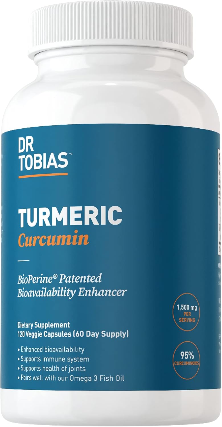 Dr. Tobias Turmeric Curcumin Supplement With Bioperine & Black Pepper, Extra Strength Curcumin Supplements For Joint Support,1500 Mg Per Dose With 95% Curcuminoids, 120 Capsules