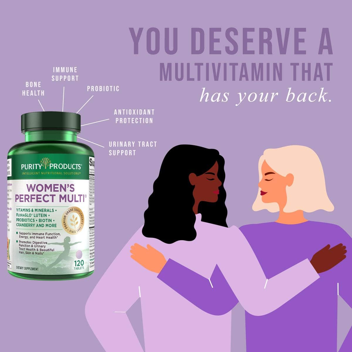 Purity Products Women’s Perfect Multi Balanced Multivitamin - Supports Urinary Tract Health, Immune, Bone + Muscle, Hair, Skin, Nails, an Elite Probiotic for Digestive Health + More - 120 Tablets : Health & Household