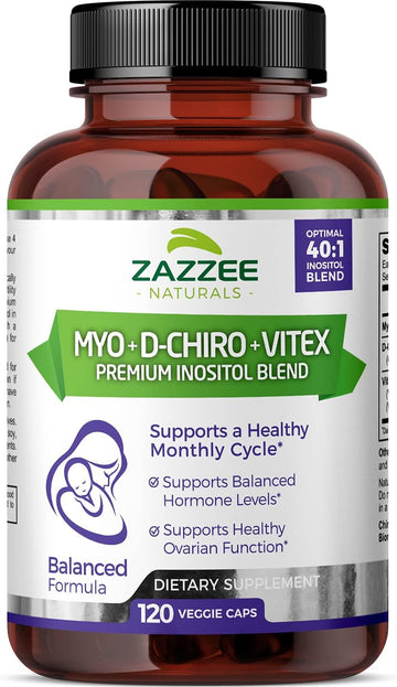 Zazzee Myo-Inositol + D-Chiro + Vitex, 120 Vegan Capsules, Optimal 40:1 Inositol Ratio, With 500 Mg Vitex, 100% Vegetarian, All-Natural And Non-Gmo, Supports Healthy Ovulation And A Regular Cycle