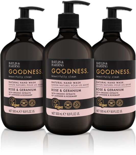 Baylis & Harding Goodness Rose & Geranium Toiletries Bundle: 3 X 500 Ml Hand Wash & 3 X 500 Ml Body Wash (6 Bottles) - Vegan Friendly