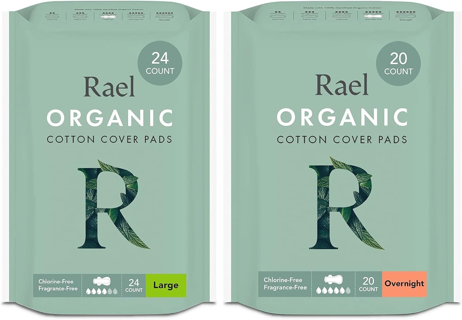 Rael Sanitary Pads For Women Large & Overnight Bundle - Feminine Care, Unscented, Chlorine Free, Hypoallergenic, Organic Cotton Cover Period Pads With Wings/Large (24 Count) & Overnight (20 Count)