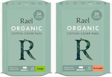 Rael Sanitary Pads For Women Large & Overnight Bundle - Feminine Care, Unscented, Chlorine Free, Hypoallergenic, Organic Cotton Cover Period Pads With Wings/Large (24 Count) & Overnight (20 Count)