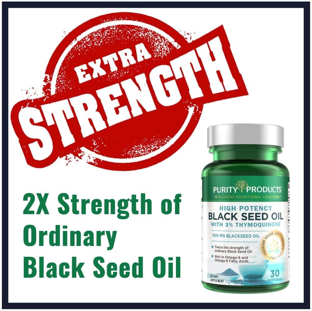 High Potency Black Seed Oil - Double Strength + Cold Pressed - 3% Thymoquinone - 500 mg Black Cumin Seed Oil - Omega 6 + 9 Essential Fatty Acids - Easy to Swallow, Just One Per Day - 30 Mini Softgels : Health & Household