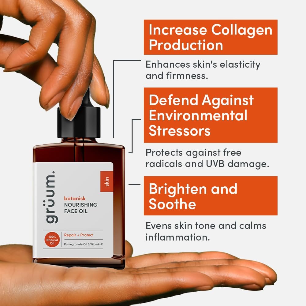 grüum Nourishing Face Oil 30ml - 100% Natural Facial Oil for Dry Skin - Reduces Dark Spots & UVB Damage - Anti ageing Face oils for Women with Rosehip Oil, Pomegranate Oil & Vitamin E : Amazon.co.uk: Beauty