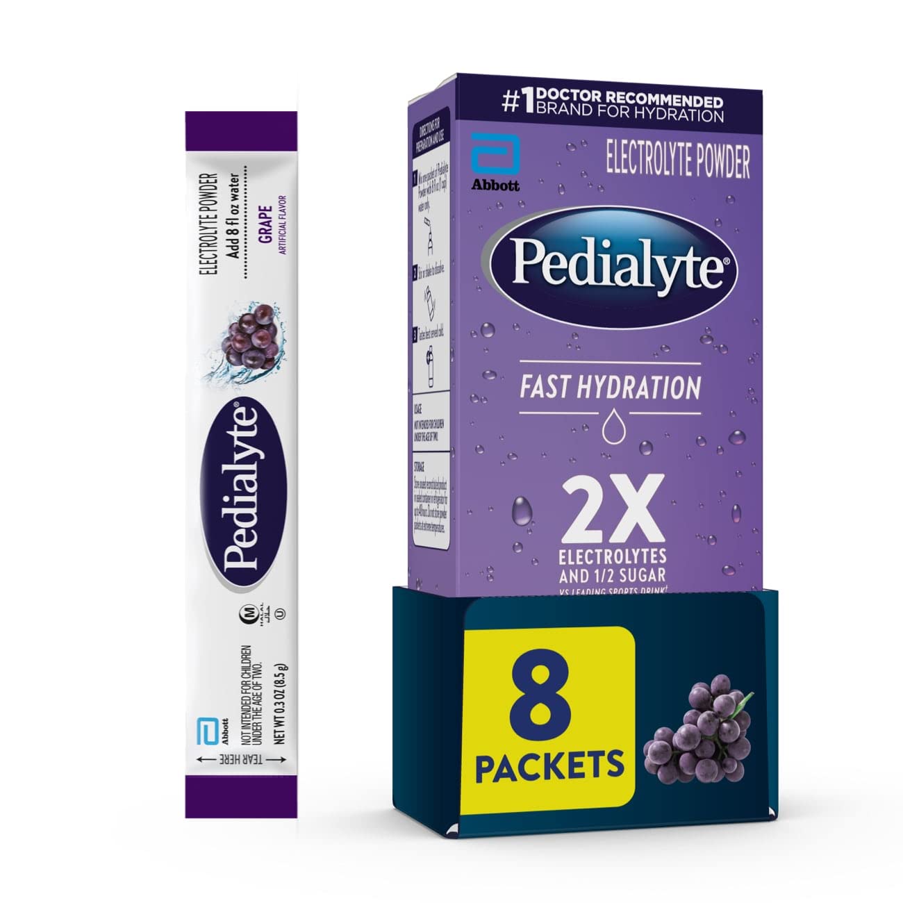 Pedialyte Fast Hydration Electrolyte Powder Packets, Grape, Hydration Drink, 8 Single-Serving Powder Packets