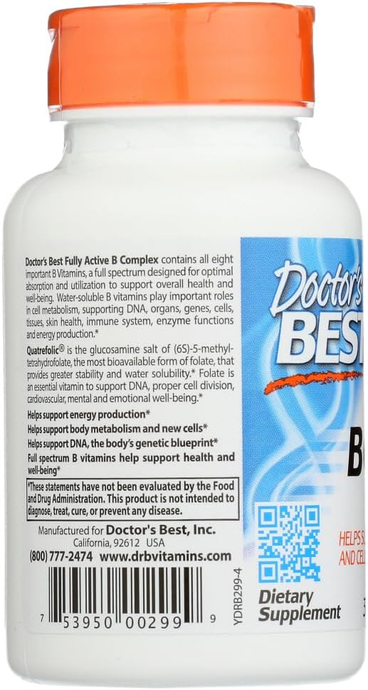 Doctors Best Fully Active B Complex, Energy & Cellular Support, Non-Gmo, Gluten Free, Soy Free, Vegan 30 Veggie Caps