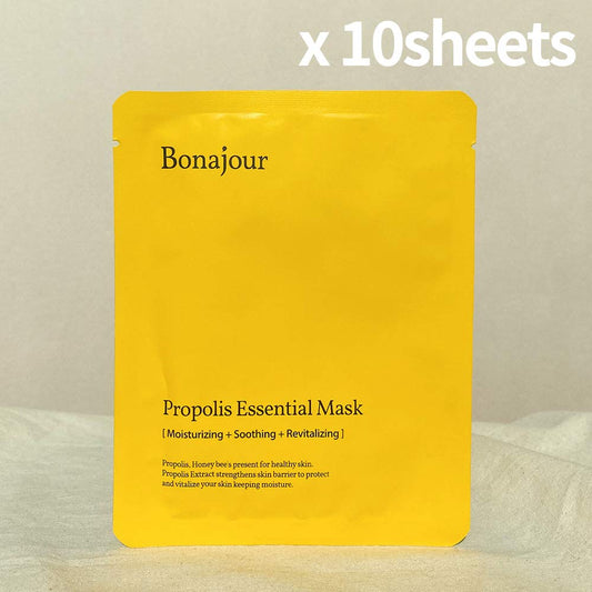 Bonajour Natural Propolis Facial Moisturizing Sheet Mask (10Sheet) - Strengthening Skin Barrier & Soothing Acne Skin, Revitalizing