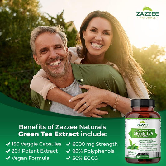 Zazzee Extra Strength Green Tea 20:1 Extract, 6000 Mg Strength, 50% Egcg, 98% Polyphenols And 80% Catcehins, 150 Vegan Capsules, 5 Month Supply, Standardized And Concentrated 20X Potency, Non-Gmo