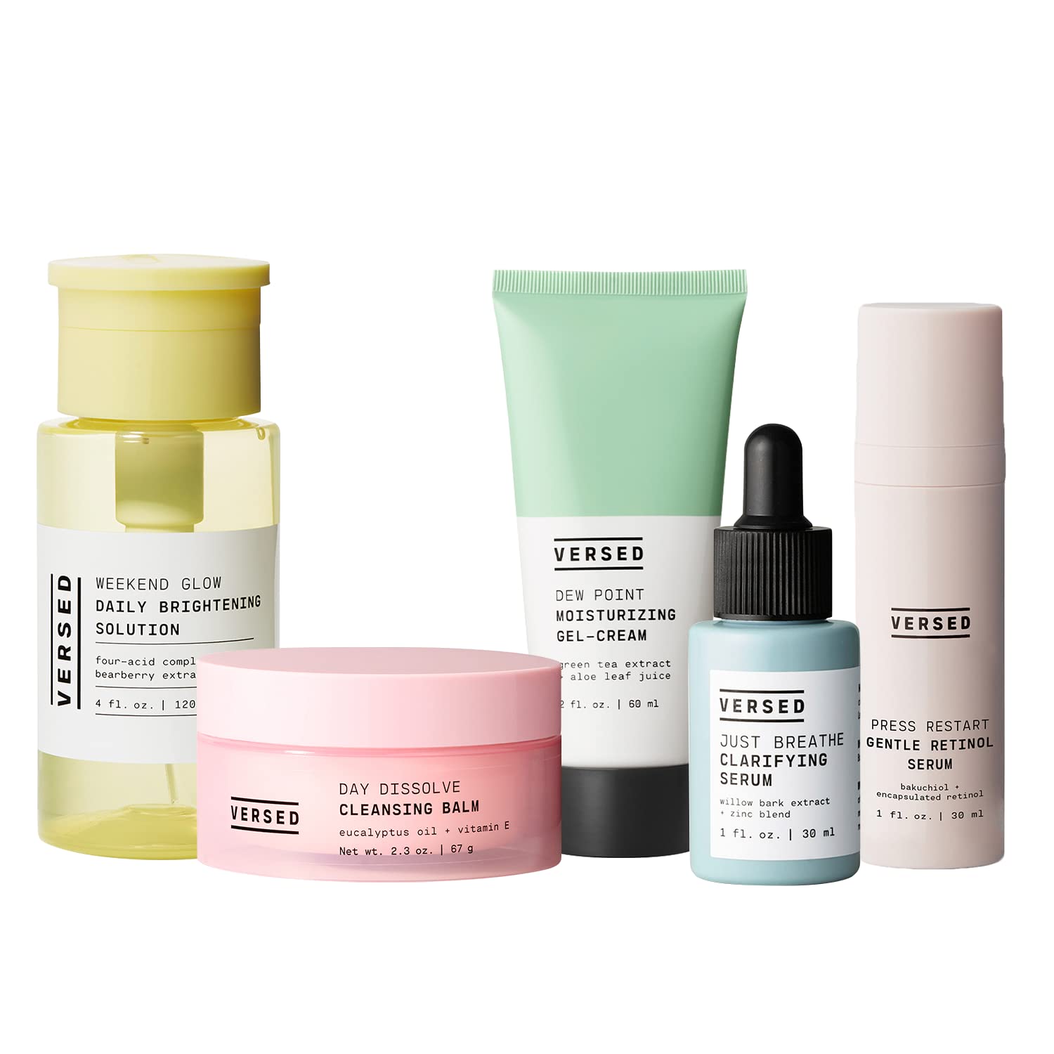 Versed Daily Facial Skincare System - Day Dissolve Cleansing Balm (2.3 oz), Weekend Glow Toner (4 fl oz), Dew Point Moisturizer (2 fl oz), Retinol Serum (1 fl oz) & Clarifying Serum (1 fl oz)