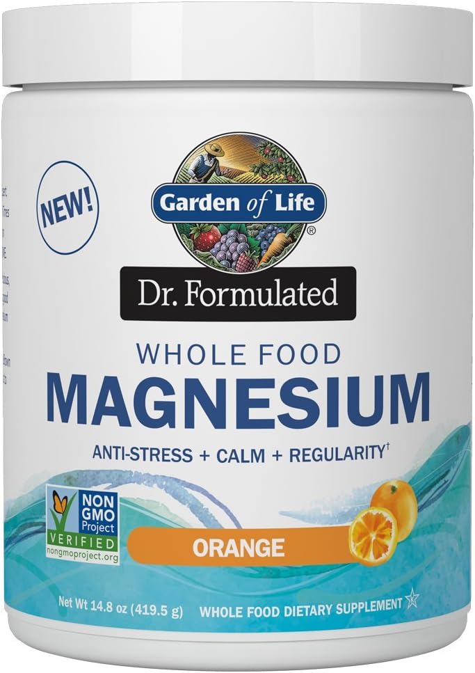 Garden of Life Dr. Formulated Whole Food Magnesium 419.5g Powder - Orange, Chelated, Non-GMO, Vegan, Kosher, Gluten & Sugar Free Supplement with Probiotics - Best for Anti-Stress, Calm & Regularity