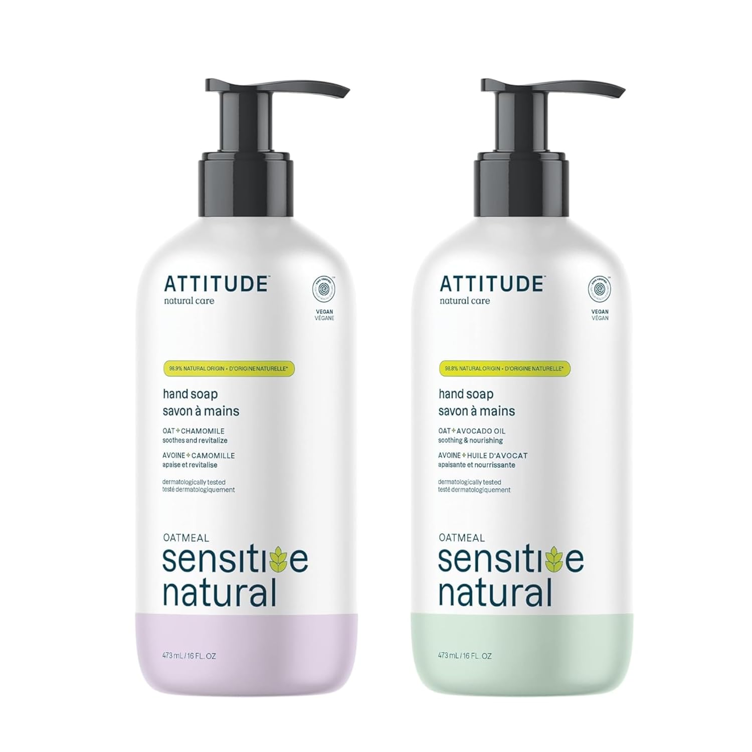 Bundle Of Attitude Hand Soap For Sensitive Skin With Oat, Ewg Verified, Dermatologically Tested, Vegan, Chamomile, 16 Fl Oz + Avocado Oil, 16 Fl Oz