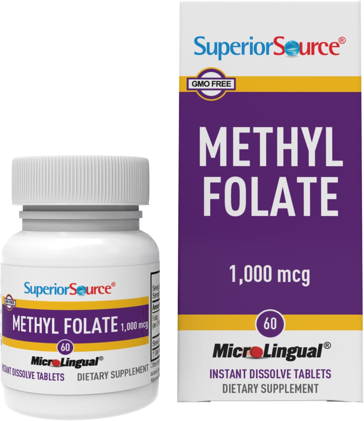 Superior Source Methylfolate 5-MTHF 1000 mcg, Quick Dissolve MicroLignual Tablets, 60 Ct, Biologically Active Form of Folate, Cardiovascular Health, Energy Metabolism & Prenatal Development, Non-GMO