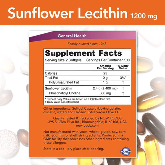 Now Foods Sunflower Lecithin 1200 Mg Soy-Free, Non-Gmo - 200 Softgels