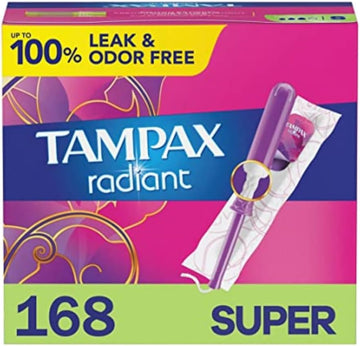 Tampax Radiant Tampons, Super Absorbency, With Leakguard Braid, Unscented, 28 Count X 6 Packs (168 Total Count)