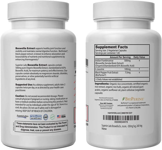 Superior Labs Boswellia Extract - Pure Non Gmo Boswellic 65% Acids. Superior Absorption Zero Synthetic Additives - Powerful Formula Joint, Knees, Hips, Immune, 500Mg Svg, 240 Veg Capsules