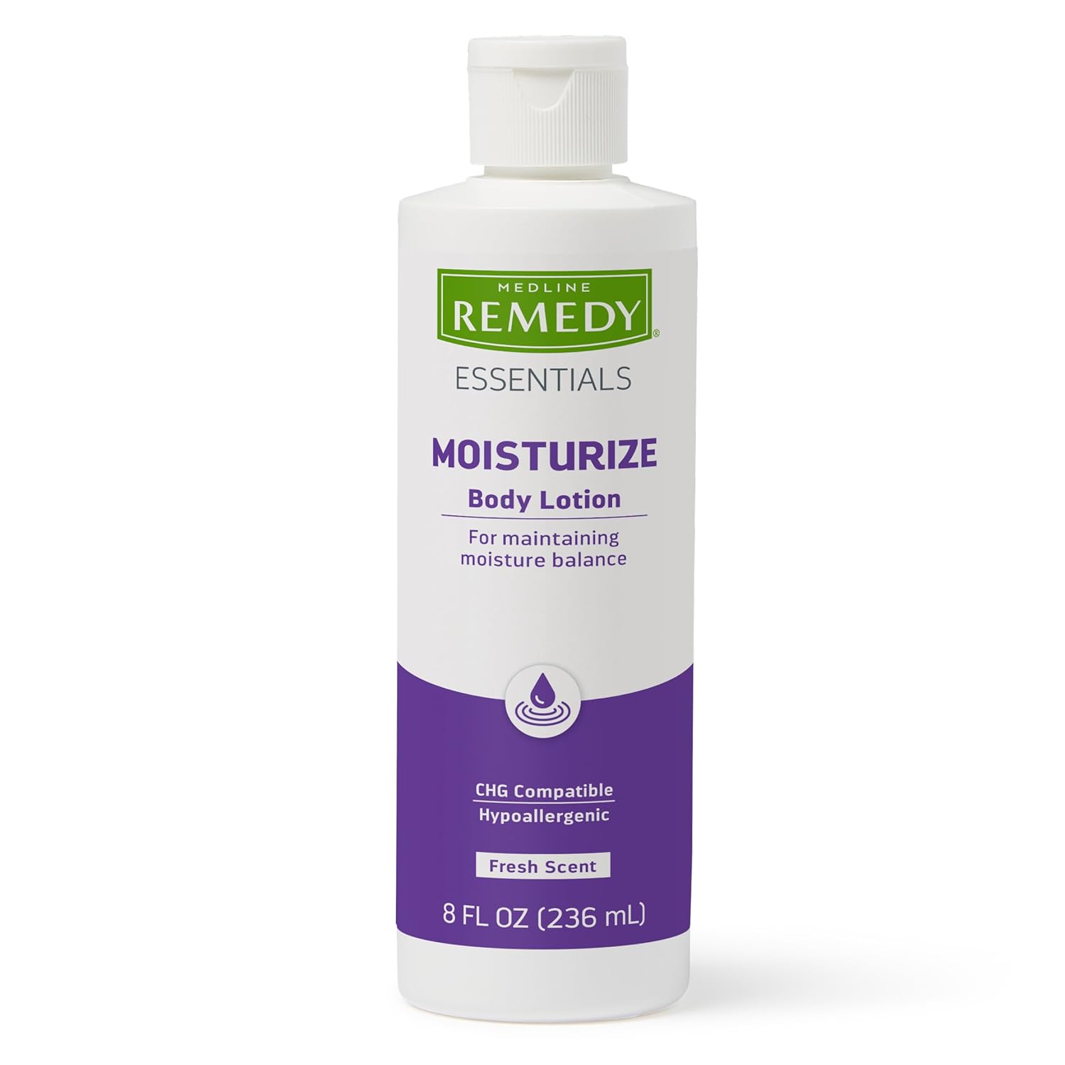 Medline Remedy Essentials Moisturizing Body Lotion, 8 Fl Oz (Pack of 12), Fresh Scent, Hydrating, Non-Greasy, For Dry Skin, Hypoallergenic, Men, Women, Elderly