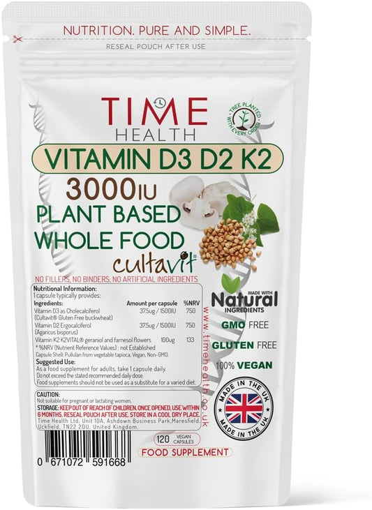 Vitamin D3, D2, K2, Natural Wholefood Plant Based 3000IU - Zero Additives - Pullulan (120 Capsule Pouch) : Amazon.co.uk: Health & Personal Care