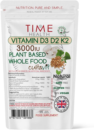Vitamin D3, D2, K2, Natural Wholefood Plant Based 3000Iu - Zero Additives - Pullulan (60 Capsule Pouch)