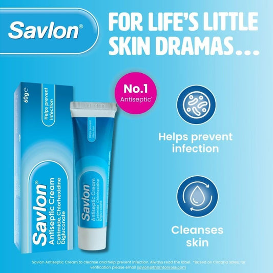 Savlon Antiseptic Cream, Cleanses & Helps Prevent Infection, First Aid For Minor Cuts & Wounds, Spots, Blackheads, Nappy Rash, Sunburn, Sores & Blisters (60G, 1 Pack)