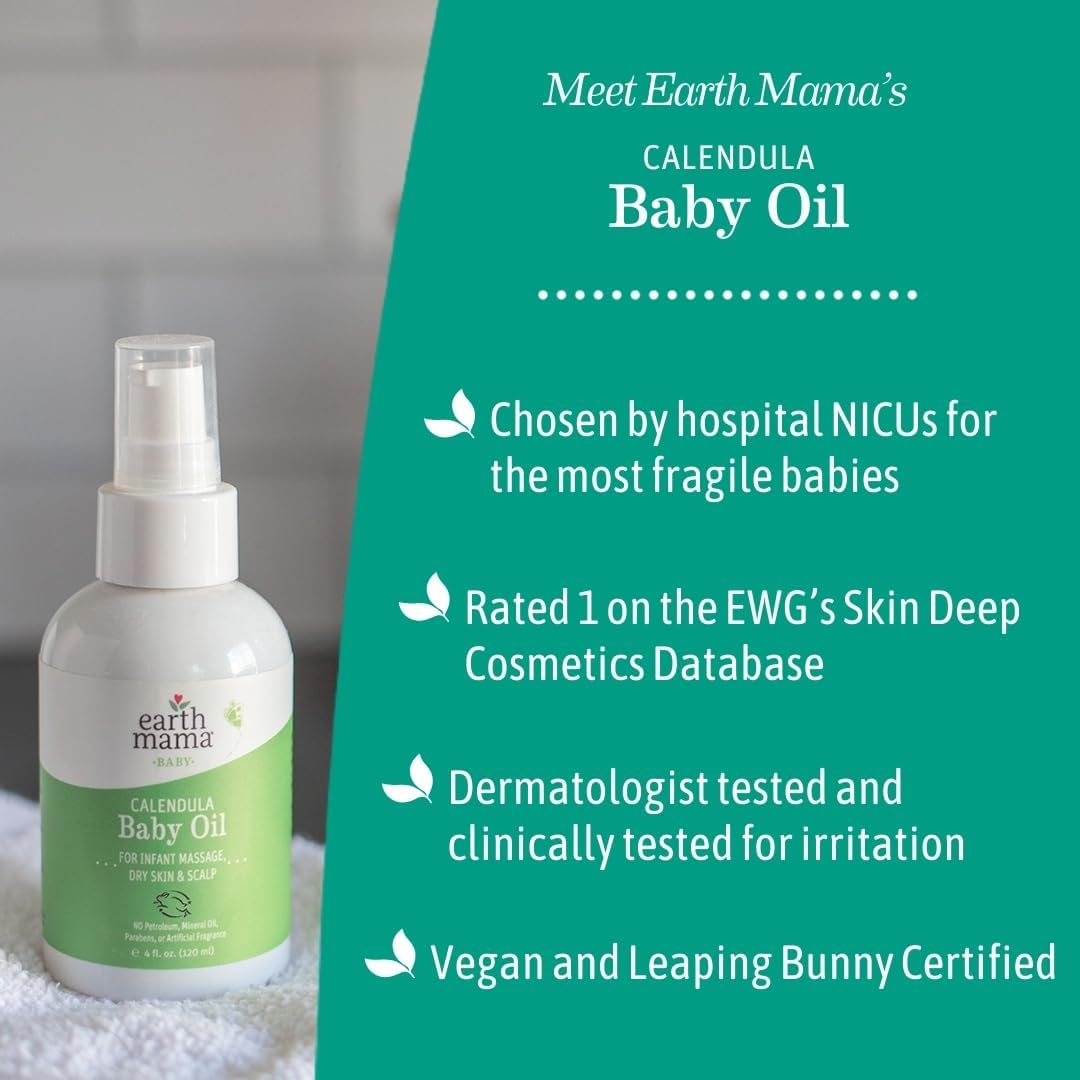 Earth Mama Calendula Baby Oil | Massage Oil for Newborn Skin Care, Dry Skin & Scalp Moisturizer, Fragrance Free, 4-Fluid Ounce : Baby