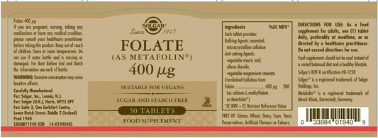 Solgar Folate (as Metafolin®) 400 µg Tablets - Food Supplement - Pack of 50 - Supports Blood Formation - Helps Reduce Tiredness and Fatigue - Wellbeing for Men and Women - Vegan