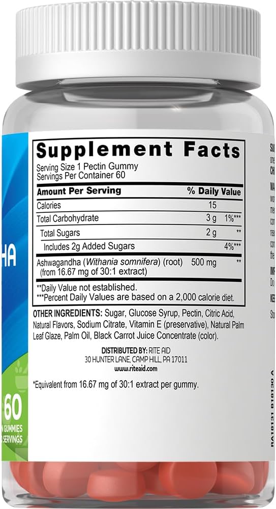 Rite Aid Ashwagandha Gummies 500 mg 60 Count, High Potency Ashwagandha Root Extract, Support Stress Relief, Relaxed Mood, Sleep for Men & Women : Health & Household