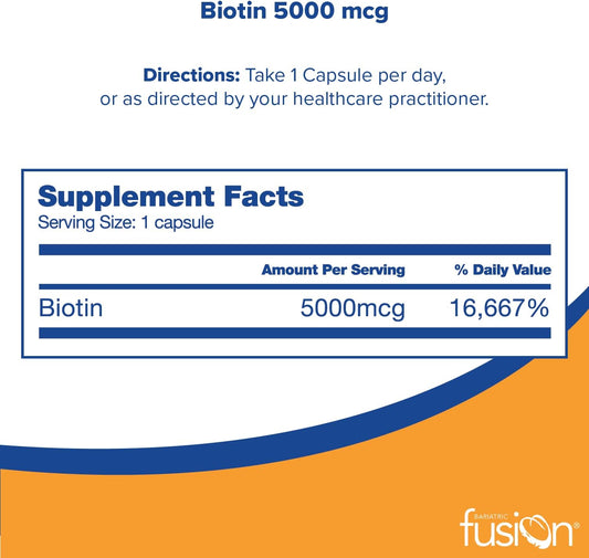 Bariatric Fusion Biotin 5000Mcg Vitamin | Easy To Swallow Capsules Biotin Supplement For Hair Growth | 90 Count | 3 Month Supply