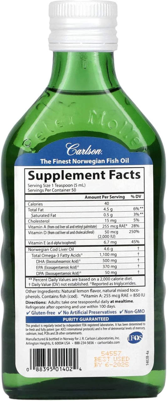 Carlson - Super D Omega-3, Wild-Caught Norwegian Arctic Cod Liver Oil, 2000 IU (50 mcg) Vitamin D3, 1100 mg Omega-3s, Sustainably Sourced Nordic Fish Oil Liq, Lemon, 250 ml