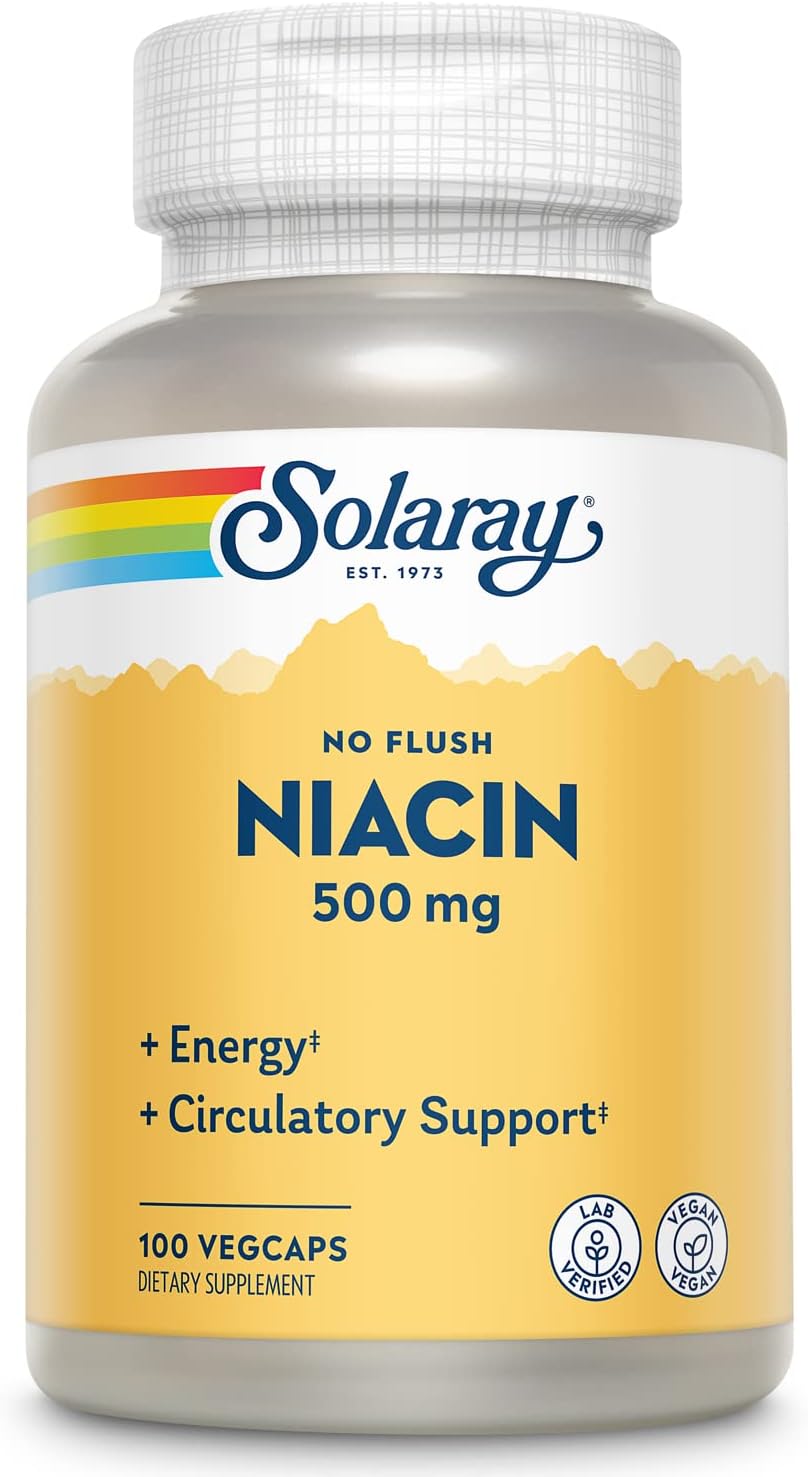 SOLARAY Title No Flush Niacin 500mg, Flush-Free Vitamin B3 Niacin, Energy and Circulatory System Support, Vegan, Lab Verified, 60-Day Money-Back Guarantee, 100 Servings, 100 VegCaps