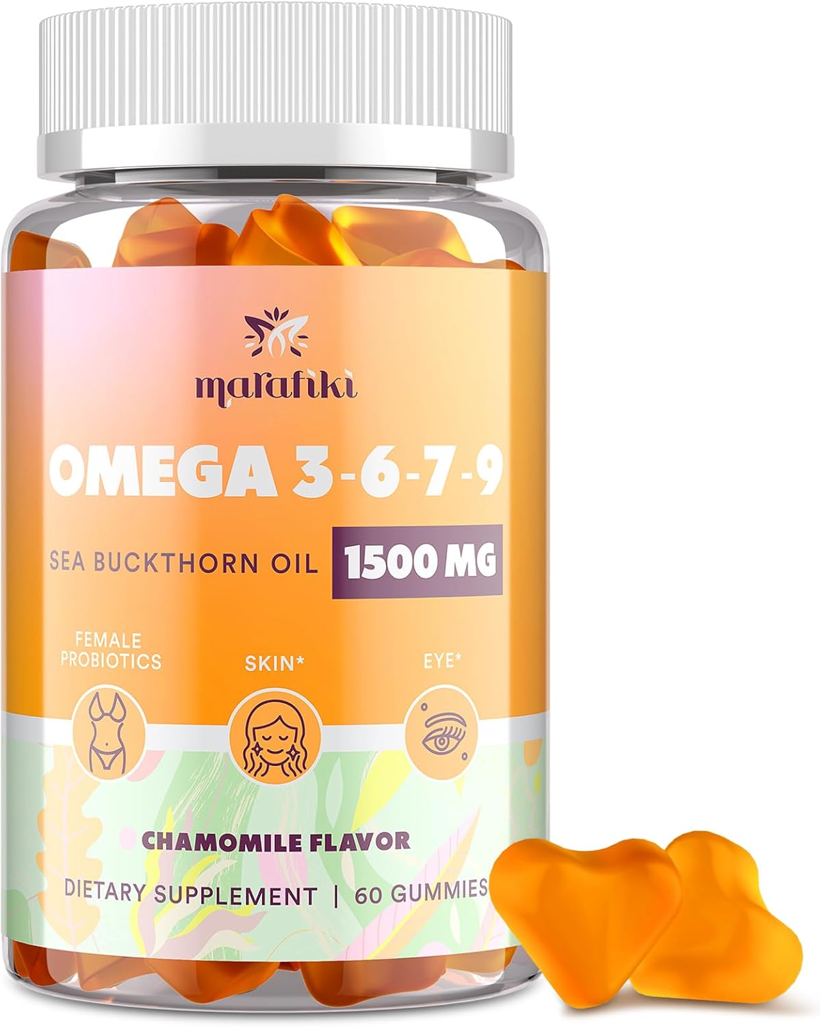 Omega 3 6 7 9 Gummies For Women - Omega 3 Supplement With Sea Buckthorn Oil, Flaxseed Oil, Evening Primrose Oil, Vitamins E, A & Probiotics - Skin, Eye & Dryness, Chamomile Flavor - 60 Gummies