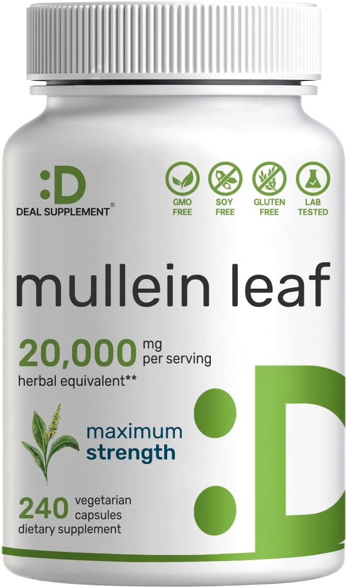 Deal Supplement Mullein Leaf Extract 20,000Mg, 240 Veggie Capsules – 4 Month Supply – Natural Lung Detox Herbal Supplement – Supports Respiratory & Immune Health – Non-Gmo, Vegan