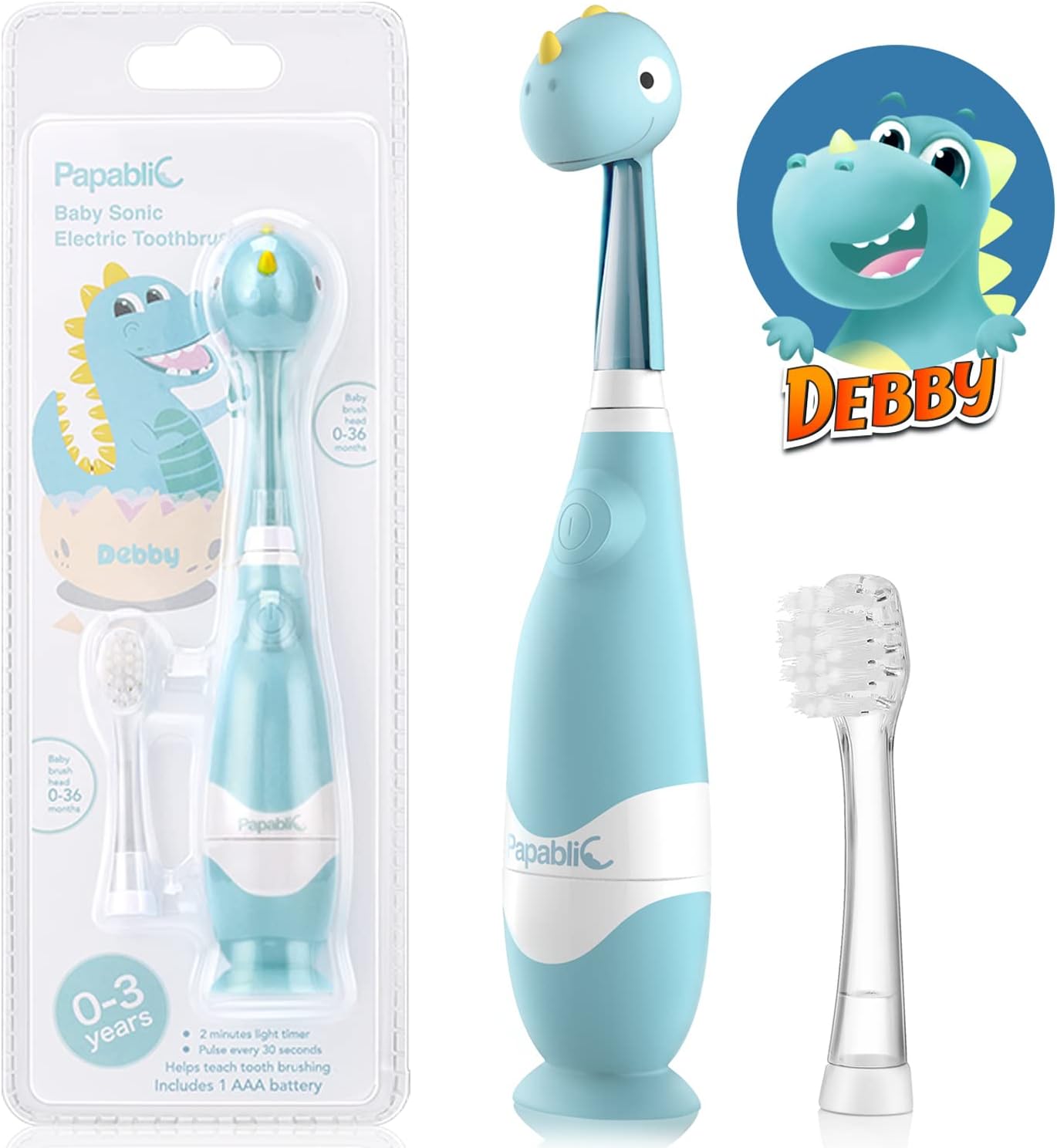 Papablic Toddler Sonic Electric Toothbrush for Ages 1-3 Years, Baby Electric Toothbrush with Cute Dino Cover and Smart LED Timer, 2 Brush Heads (Debby)