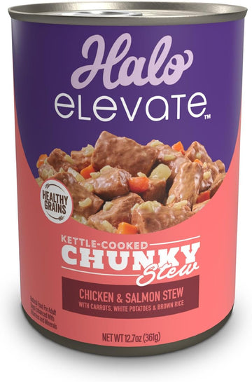 Halo Elevate Wet Dog Food, Kettle Cooked Chunky Healthy Grains Chicken & Salmon Stew With Carrots, White Potatoes And Brown Rice, 12.7Oz (Pack Of 6)